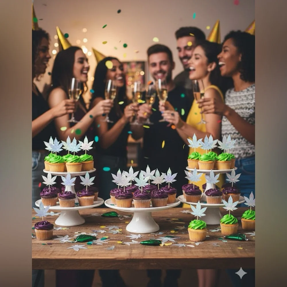 Marijuana Weed Leaf Festive Cupcake Toppers for Parties
